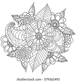 Hand drawn artistic ethnic ornamental patterned floral frame in doodle, zentangle style for adult coloring pages, tattoo, t-shirt or prints. Vector spring illustration.