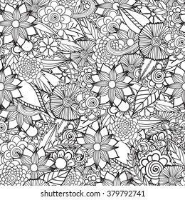 Hand drawn artistic ethnic ornamental patterned floral frame in doodle, zentangle style for adult coloring pages, t-shirt or prints. Vector spring illustration.seamless pattern