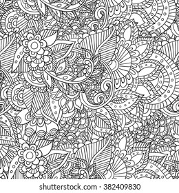 Hand drawn artistic ethnic ornamental patterned floral frame in doodle, zentangle style for adult coloring pages, t-shirt or prints. Vector spring illustration.seamless pattern