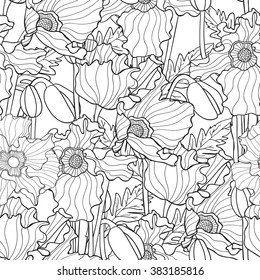  Hand drawn artistic ethnic ornamental patterned floral frame in doodle, zentangle style for adult coloring pages, t-shirt or prints. Vector spring illustration with poppies.seamless pattern