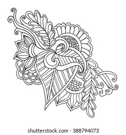 Hand drawn artistic ethnic ornamental patterned floral frame in doodle, zentangle style for adult coloring pages, tattoo, t-shirt or prints. Vector spring illustration.