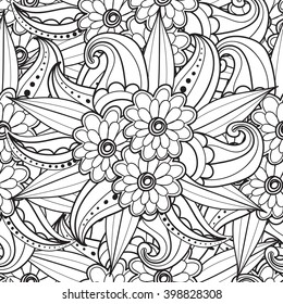 Hand drawn artistic ethnic ornamental patterned floral frame in doodle, zentangle style for adult coloring pages, t-shirt or prints. Vector spring illustration.seamless pattern