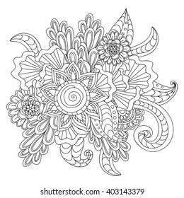 Hand drawn artistic ethnic ornamental patterned floral frame in doodle, zentangle style for adult coloring pages, tattoo, t-shirt or prints. Vector spring illustration.