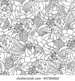 Hand drawn artistic ethnic ornamental patterned floral frame in doodle, zentangle style for adult coloring pages, t-shirt or prints. Vector spring illustration.seamless pattern