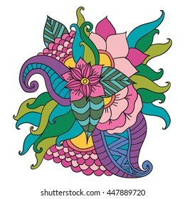 Hand drawn artistic ethnic ornamental patterned floral frame in doodle style.Abstract vector decorative nature floral backgrounds. Template frame design for card.