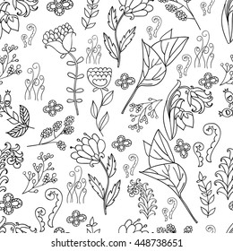 Hand drawn artistic ethnic ornamental patterned floral frame in doodle style for adult coloring pages. Vector spring illustration.seamless pattern. Black and white seamless botanic texture