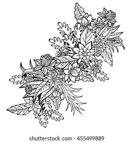 Hand drawn artistic ethnic ornamental patterned floral frame in doodle, zentangle style for adult coloring pages, tattoo, t-shirt or prints. Vector spring illustration.