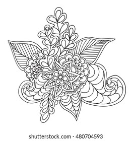 Hand drawn artistic ethnic ornamental patterned floral frame in doodle, zentangle style for adult coloring pages, tattoo, t-shirt or prints. Vector spring illustration.