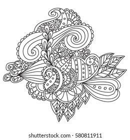 Hand drawn artistic ethnic ornamental patterned floral frame in doodle, style for adult coloring pages, tattoo, t-shirt or prints. Vector spring illustration.