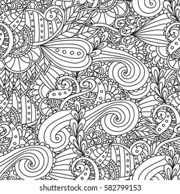Hand drawn artistic ethnic ornamental patterned floral frame in doodle, style for adult coloring pages, t-shirt or prints. Vector spring illustration.seamless pattern