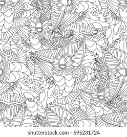 Hand drawn artistic ethnic ornamental patterned floral frame in doodle, zentangle style for adult coloring pages, t-shirt or prints. Vector spring illustration.seamless pattern