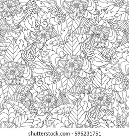Hand drawn artistic ethnic ornamental patterned floral frame in doodle, zentangle style for adult coloring pages, t-shirt or prints. Vector spring illustration.seamless pattern