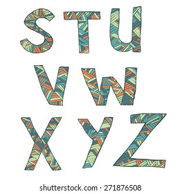 Fuente artística dibujada a mano de líneas, letras S-Z. Ilustración del vector
