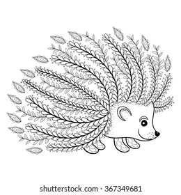 Hand drawn artistic Hedgehog for adult coloring page in doodle, zentangle style, ethnic ornamental patterned tattoo design, logo, t-shirt print, monochrome sketch. Floral animal vector illustration.