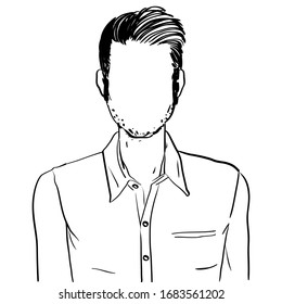 Hand drawn artistic illustration of an anonymous avatar of an unshaven young man with rebel hairstyle in an informal shirt, web profile doodle isolated on white