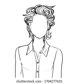 Hand drawn artistic illustration of an anonymous avatar of a young woman with fancy short wavy hairstyle in a casual shirt, web profile doodle isolated on white