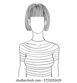 Hand drawn artistic illustration of an anonymous avatar of a young woman with bob coiffure and bang in a casual shirt, web profile doodle isolated on white