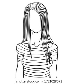 Hand drawn artistic illustration of an anonymous avatar of a young woman with long hair in a casual t-shirt with stripes, web profile doodle isolated on white