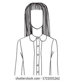 Hand drawn artistic illustration of an anonymous avatar of a young woman with long hair and short bang, in a schoolgirl suit, web profile doodle isolated on white