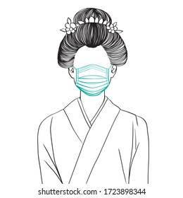 Hand drawn artistic illustration of an anonymous avatar of a asian young woman with bun coiffure in a traditional outfit, wearing a medical mask, web profile doodle isolated on white