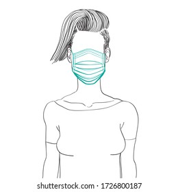 Hand drawn artistic illustration of an anonymous avatar of a young woman with comb over hairstyle in a casual shirt, wearing a mask, web profile doodle isolated on white