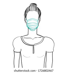 Hand drawn artistic illustration of an anonymous avatar of a young woman with bun in a casual shirt, wearing a medical mask, web profile doodle isolated on white