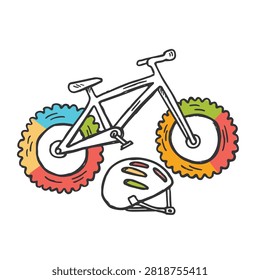 A hand drawn artistic illustration featuring a bike with multi colored wheels and a safety helmet on a plain white background