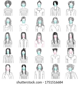 Hand drawn artistic illustrations of 25 anonymous avatars of a young women wearing medical mask, web profile doodles isolated on white