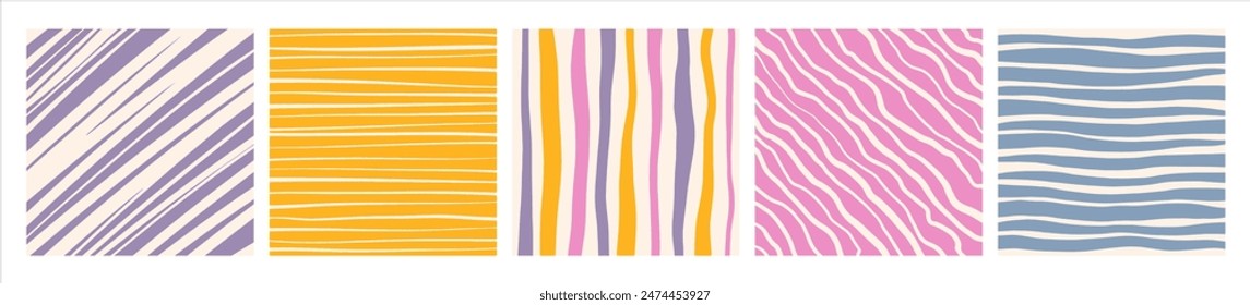 Hand drawn artistic irregular stripes, hatching backgrounds set, collection. Uneven streaks, doodle strips, bars, wavy lines, waves, pinstripes patterns. Colorful brush drawn striped square templates.