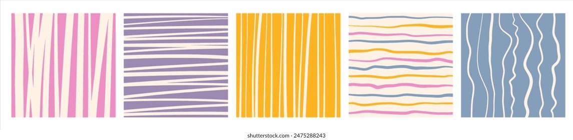 Hand drawn artistic irregular stripes, hatching backgrounds set, collection. Uneven streaks, doodle strips, bars, wavy lines, waves, pinstripes patterns. Colorful brush drawn striped square templates.