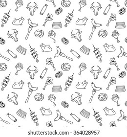 Hand drawn artistic meat seamless pattern for adult coloring pages in doodle style with sausages, stakes, shish kebabs, chickens, ethnic ornamental vector illustration for patterned t-shirt or prints.