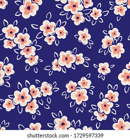 Hand Drawn Artistic Naive Daisy Flowers on Blue Background Vector Seamless Pattern. Blob Coral Blooms, Blotched Floral Print. Expressive Outlines, Organic Large Scale Simplistic Retro Fashion Design