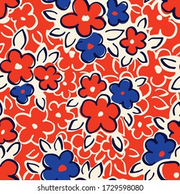 Hand Drawn Artistic Naive Daisy Flowers on Red Background Vector Seamless Pattern. Blue Blob Blooms, Blotched Floral Print. Expressive Outlines, Organic Large Scale Simplistic Retro Fashion Design