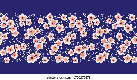 Hand Drawn Artistic Naive Daisy Flowers on Blue Background Vector Seamless Pattern Border. Blob Blooms, Blotched Floral Print. Expressive Outlines, Organic Large Scale Simplistic Retro Fashion Design