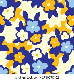 Hand Drawn Artistic Naive Daisy Flowers on Yellow Background Vector Seamless Pattern. Colorful Blue and Cream Blob Blooms, Blotched Floral Print. Expressive Large Scale Simplistic Retro Fashion Design