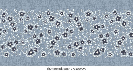 Hand Drawn Artistic Naive Daisy Flowers on Blue Denim Background Vector Seamless Pattern Border. Blooms, Indigo Floral Print. Expressive Outlines, Organic Large Scale Simplistic Retro Fashion Design