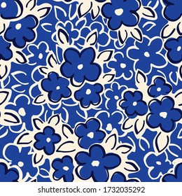 Hand Drawn Artistic Naive Daisy Flowers on Blue Background Vector Seamless Pattern. Blob Blooms, Blotched Floral Print. Expressive Outlines, Organic Large Scale Simplistic Retro Fashion Design