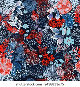 Hand Drawn Artistic Naive Daisy Flowers on Red Background Vector Seamless Pattern. Blue Blob Blooms, Blotched Floral Print. Expressive Outlines, Organic Large Scale Simplistic Retro Fashion Design