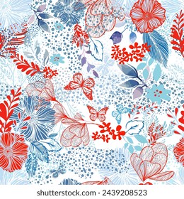 Hand Drawn Artistic Naive Daisy Flowers on Red Background Vector Seamless Pattern. Blue Blob Blooms, Blotched Floral Print. Expressive Outlines, Organic Large Scale Simplistic Retro Fashion Design