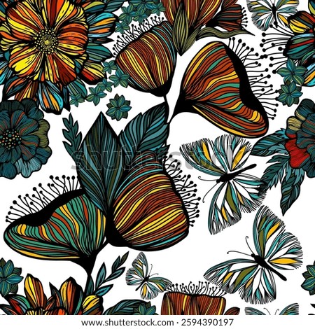 Hand Drawn Artistic Naive Daisy Flowers Seamless Pattern. Blotched Floral Print. Expressive Outlines, Organic Large Scale Simplistic Retro Fashion Design hand drawing. Not AI, Vector illustration.