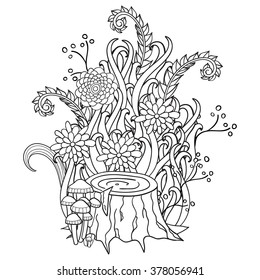 Hand drawn artistic ornamental patterned flowers stump frame in doodle, zentangle style for adult coloring pages, tattoo, t-shirt or prints. Vector spring illustration.