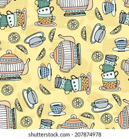 Hand drawn artistic pattern with teapots, tea cups and lemons. Childish cute textile made in vector.