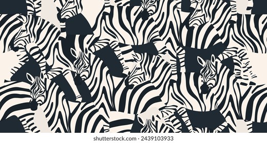 Hand drawn artistic pattern with zebras. Abstract collage contemporary seamless pattern. Fashionable unique template for design.