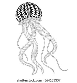 Hand drawn artistic sea Jellyfish for adult coloring pages in n doodle, zentangle style,  Mehndi ethnic ornamental tattoo, henna patterned prints. Sea animal vector illustration for coloring book