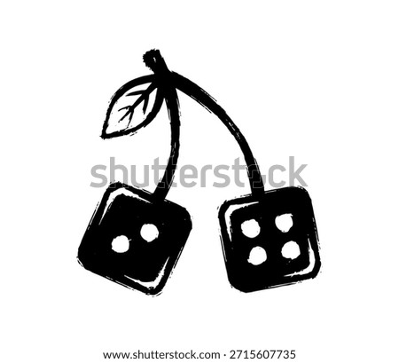 Hand drawn artistic sketch of cherries shaped like dice. Black and white grunge brush drawing of dice looking like cherries.