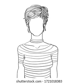 Hand drawn artistic sketch illustration of an anonymous avatar of a young woman with short hair in a t-shirt, web profile doodle isolated on white