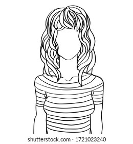 Hand drawn artistic sketch illustration of an anonymous avatar of a young woman with wavy long hair, in a t-shirt, web profile doodle isolated on white