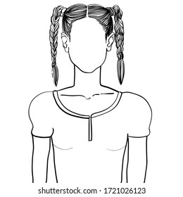 Hand drawn artistic sketch illustration of an anonymous avatar of a young woman with two braids  on top of her head, in a shirt, web profile doodle isolated on white
