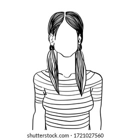 Hand drawn artistic sketch illustration of an anonymous avatar of a young woman with two tails, in a t-shirt, web profile doodle isolated on white