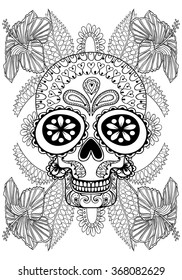 Hand drawn artistic Skull in flowers for adult coloring page A4 size in doodle, zentangle style, Mexican ethnic ornamental patterned print, monochrome sketch. Floral printable vector illustration.